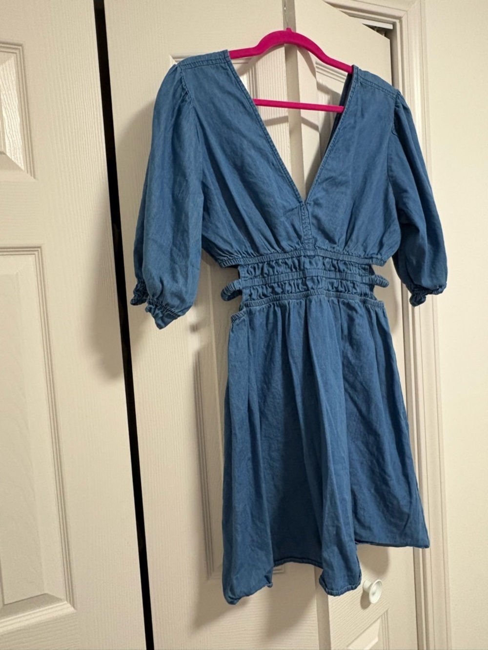 Denim V-Neck Smocked Waist Dress